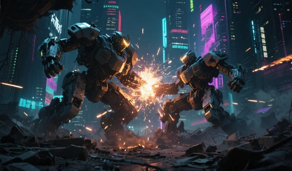 未来城市废墟中，两台巨大机甲正激烈对战，火花四溅，城市夜色下霓虹闪烁